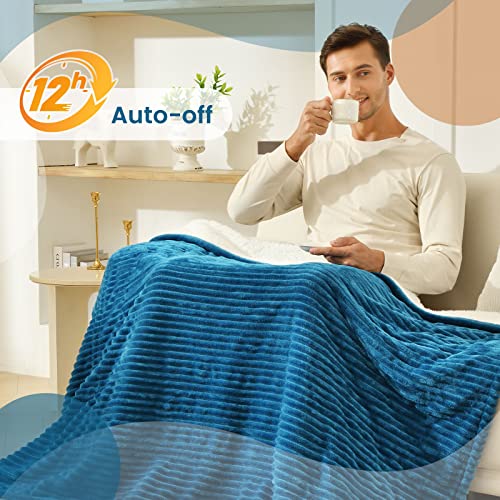 Bearhug Electric Heated Blanket, 62"x84" Ribbed Flannel & Sherpa Fast Heating Blanket, 10 Heating Levels & 1-12H Auto Off, Over-Heat Protect, ETL, Machine Washable - color: Navy Blue-flannel & Sherpa, size: Twin Size 62" × 84"
