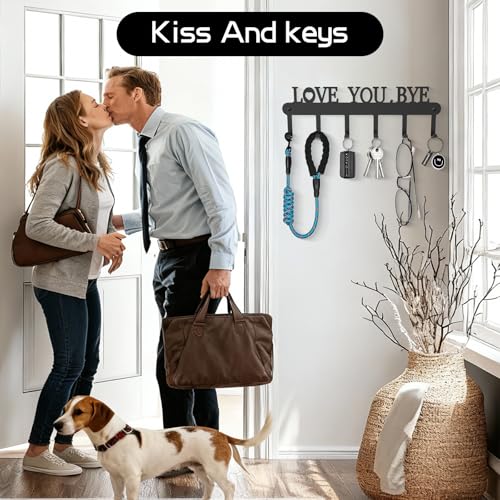 Key Holder for Wall - 'Love You Bye' Key Hooks, Black, 6 Hooks | Key Holder Wall Mount Self Adhesive, Key Rack Wall Mount for Wall No Drill for Living Room, Kitchen, Bathroom, Garage - color: Love You Bye' Black