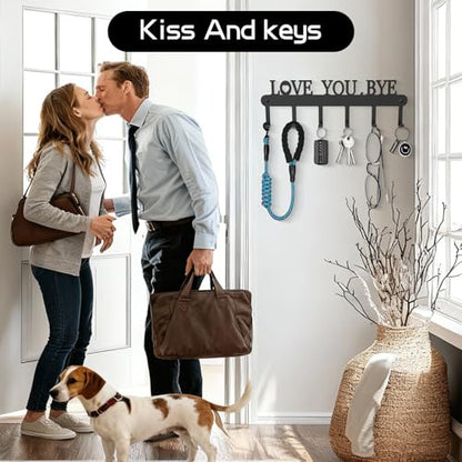Key Holder for Wall - 'Love You Bye' Key Hooks, Black, 6 Hooks | Key Holder Wall Mount Self Adhesive, Key Rack Wall Mount for Wall No Drill for Living Room, Kitchen, Bathroom, Garage - color: Love You Bye' Black
