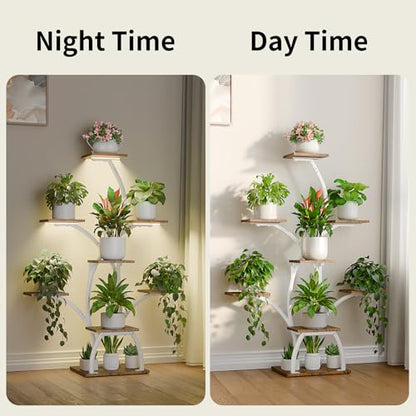 CODACE Plant Stand with Grow Lights - 50" Indoor Plant Shelf | 6 Tiered Plant Shelf Indoor, Lighted Tree-Shaped Plant Holder, Tall Flower Display Rack for Living Room, Patio(White) - color: White