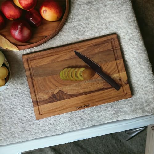 Vesta Homes Wooden Edge Grain Cutting Board/Chopping, Serving Board/Block for Vegetables, Fruits, Cheese and Charcuterie | Natural Acacia Wood | 15 * 10 * 1 Inches | Handcrafted in India - size: 15"L x 10"W