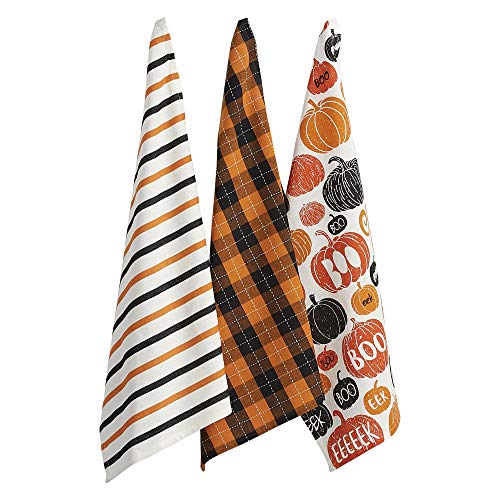 DII Halloween Hand Towels for The Kitchen Decorative Spooky & Fun Cotton Printed Dishtowel Set, 18x28, Pumpkin Boo, 3 Count - color: Pumpkin Boo