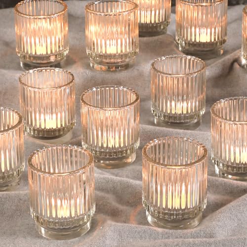 Vintage Ribbed Clear Glass Tealight Candle Holders Set of 12 | Votive Candle Holders for Wedding Bridal Shower Party Table Fall Boho Shelf Decor - color: Clear