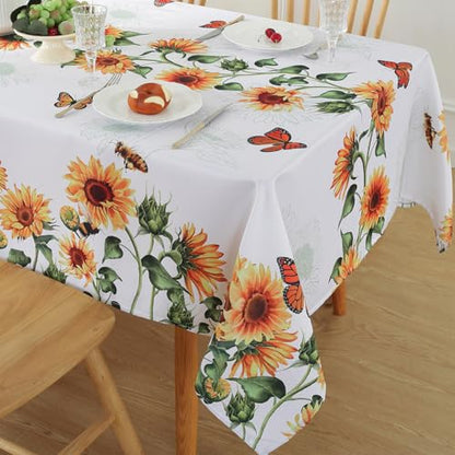SASTYBALE Sunflower Tablecloth, White, 60x120 Inch Rectangle | Polyester, Spill-Proof, Dust-Proof, Wrinkle-Free, Spring Summer Garden Parties - color: Sunflowers, size: 120" x 60" (Rectangular)