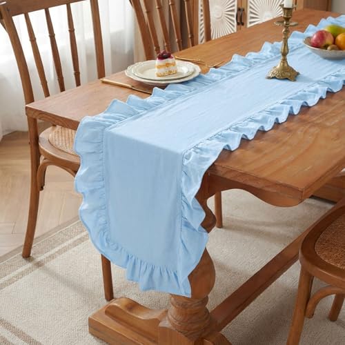 HunnmingRe Blue Ruffled Table Runner 118 inch Scalloped Table Runner Cotton Flounces Washable Shabby Farmhouse Rustic Home Kitchen Decoration for Wedding Rectangle Bride Shower Christmas Party - color: Blue, size: 14 x 118 Inch