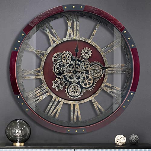 24" Original Moving Gears Wall Clock, Large Industrial Wall Clock for Living Room Decor, Oversized Wood Vintage Farmhouse Steampunk Rustic Clocks for Wall Christmas Decor,Cherry Red - color: Cherry Red, size: 60cm / 24 inch