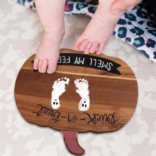 Baby First Halloween DIY Pumpkin Cutting Board | Trick or Treat Smell My Feet Halloween Footprint DIY Tray Ghost Footprint Pumpkin Cutting Board with 12 Color Paints Brushes - style: Halloween Ghosty Toes