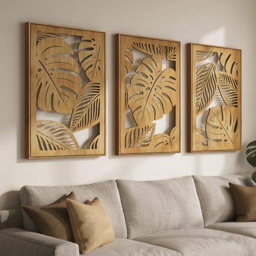 Framed Boho Cutout Carved Wood Tropical Wall Decor for Living Room, 24x36 | Cutout carved wood, Bohemian botanical, 3 Piece, Tropical coastal decor, Monstera palm leaf, Dining room farmhouse wall decor - color: Natural Color