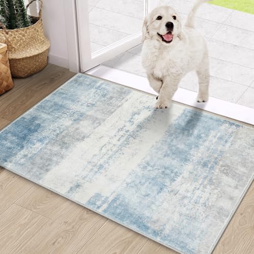 COMSLE Door Mat, Front Door Rug Indoor for Entrance Faux Wool Absorbent Non Slip Modern Throw Rug for Entryway Hallway Muddy Paws - Pet Friendly, 20x32 Inches,Milk Blue Machine Washable - color: Milk Blue, size: 1'8" x 2'8" (Rectangular)
