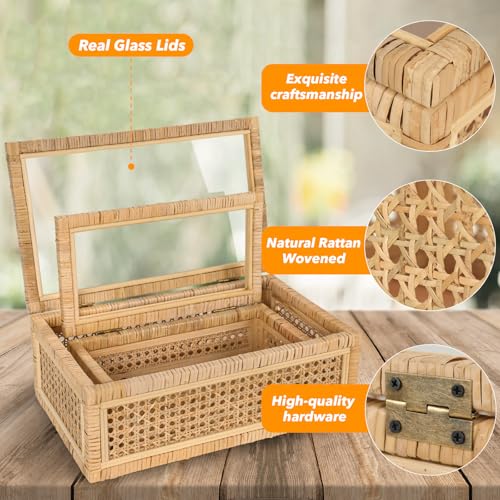 Large Handwoven Boho Rattan Display Boxes with Glass Lids Set of 2 | Rectangular Decorative Storage Bins Natural Woven Cane Home Decor Organizers (15.55" x 9.64" x 5.9" & 12.48" x 6.88" x 4.52")