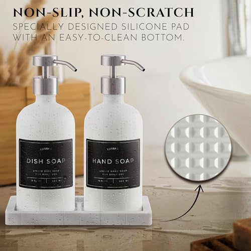 Glass Soap Dispenser Set of 2 (White) with Silicone Tray | Hand and Dish Soap Dispenser for Kitchen and Bathroom | 16.8 Oz Glass Bottles with Stainless Steel Pump & 15 Waterproof Labels (White/Silver) - color: White/Silver