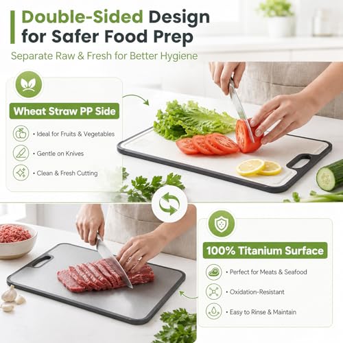 Double Sided Titanium Cutting Board for kitchen | Reversible Non-Toxic Chopping Board, Non-Slip Feet & Juice Groove, Grater Zone, Quick-Rinse Cleanup, 16"x11"