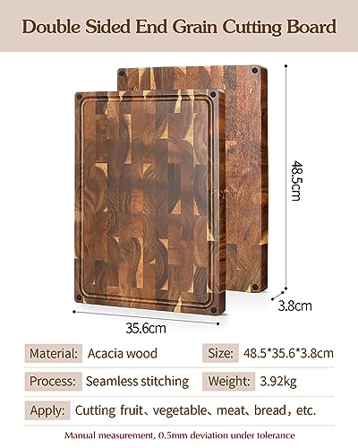 XINZUO Large Thick End Grain Acacia Wood Cutting Board- (19''L x 14''W x 1.5''T) Reversible Wooden Chopping Board with Non-Slip Feet, Built-in Handles and Juice Groove- Butcher Block Cutting Board - size: 19"L x 14"W