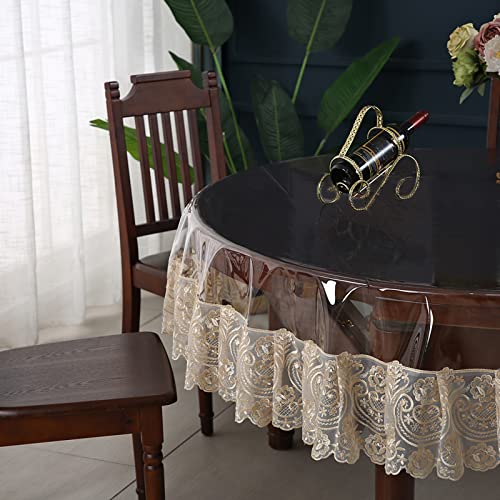 Dimatic Clear Plastic Waterproof Tablecloth, Vinyl PVC Round Table Cloth with Lace Macrame, Oil Spill Proof, Table Cover for Dining Tables, Parties and Holidays (Champagne, Round - 60 Inch) - color: Champagne, size: 60" (Round)