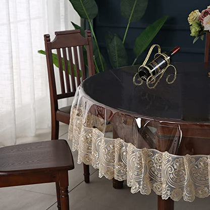 Dimatic Clear Plastic Waterproof Tablecloth, Vinyl PVC Round Table Cloth with Lace Macrame, Oil Spill Proof, Table Cover for Dining Tables, Parties and Holidays (Champagne, Round - 60 Inch) - color: Champagne, size: 60" (Round)