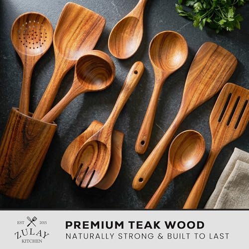 Zulay Kitchen 10-Piece Wooden Spoons for Cooking - Smooth Finish Teak Wooden Utensils for Cooking - Soft Comfort-Grip Wood Spoons for Cooking - Non-Stick Wooden Cooking Utensils - Wooden Spoon Sets - size: 10 Piece