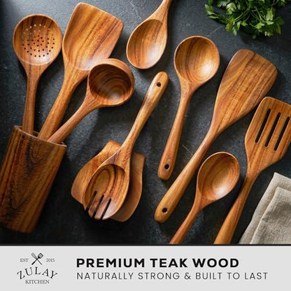 Zulay Kitchen 10-Piece Wooden Spoons for Cooking - Smooth Finish Teak Wooden Utensils for Cooking - Soft Comfort-Grip Wood Spoons for Cooking - Non-Stick Wooden Cooking Utensils - Wooden Spoon Sets - size: 10 Piece