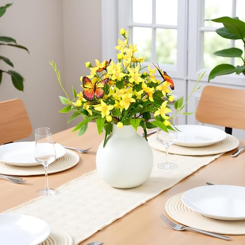 HOSY Freesia Bouquet in Ivory Ceramic Vase, Artificial Flower Arrangements | Silk Flower & Butterfly, Table Centerpiece Decoration, Display Size 10" High & 13.5" Wide, No Upkeep