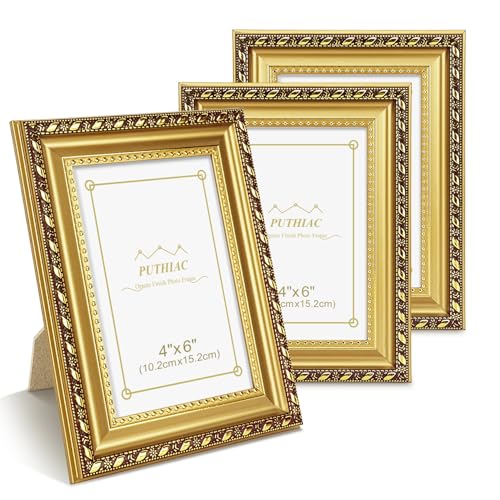 4x6 Gold Picture Frame Set of 3, Vintage Ornate Decorative Photo Frames, Tabletop or Wall Display, Acrylic Front, Antique Gold - color: Antique Gold 3P, size: 4x6