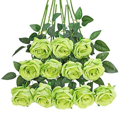 Tifuly 12Pcs Green Roses Long Stem Fake Silk Artificial Flowers | 12Pcs Realistic Single Long Stem Fake Silk Roses Bouquet for Party Home Wedding Centerpiece Hotel Office Decor ﻿ - color: Green
