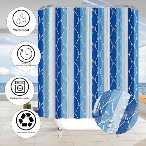 DDQQ 4Pcs Blue Bathroom Set Stripe Shower Curtain Set Modern Geometric Shower Curtain for Bathroom with 12 Hooks, Bathroom Carpet Bath Mat and Toilet Rugs - color: Blue