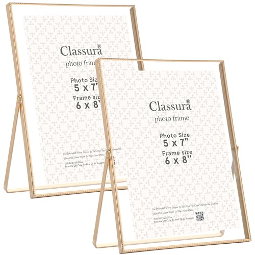 Gold 6x8'' Floating Picture Frame Set of 2,For Photo Sizes (3.5x5'',4x6'',5x7''),Beautiful Metal Beaded Edge Frames Adjustable Tabletop/Shelf Photo Frame,Classy Gift Choice for Wedding,Chritmas - color: Gold, size: 6x8'' (2PK)