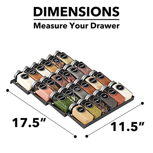 SpaceAid Spice Drawer Organizer with 24 Spice Jars, 386 Spice Labels, 4 Tier Seasoning Rack Tray Insert for Kitchen Drawers, 11.25" Wide x 17.5" Deep - size: 24 Jars, 11.25" Wide
