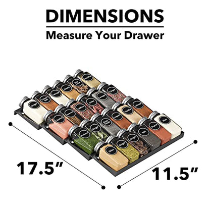 SpaceAid Spice Drawer Organizer with 24 Spice Jars, 386 Spice Labels, 4 Tier Seasoning Rack Tray Insert for Kitchen Drawers, 11.25" Wide x 17.5" Deep - size: 24 Jars, 11.25" Wide