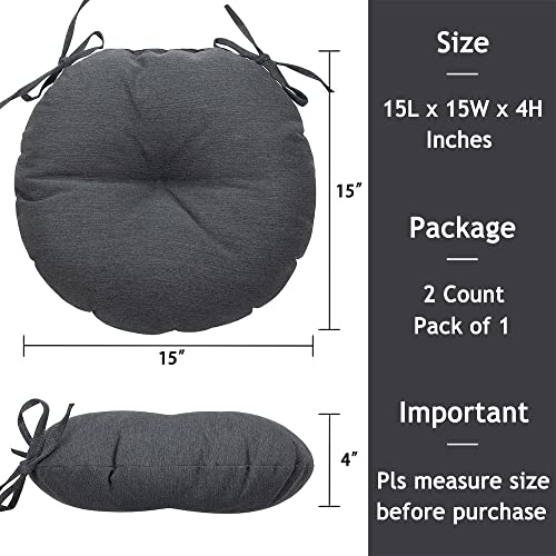 Magpie Fabrics 15" Round Bistro Seat Cushions with Ties, Set of 2, Waterproof All Weather Tufted 4" Thick Patio Chair Pads for Home Garden Dining Metal Stool - Dark Gray - color: Dark Gray