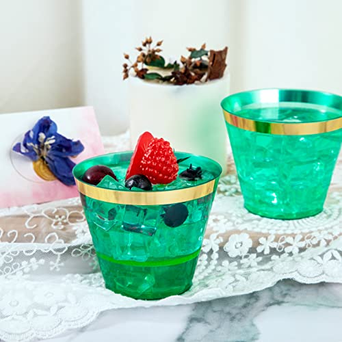 150 PCS Green Plastic Cups,9oz Clear Green Disposable Cups with Gold Rim | Old Fashioned Tumblers Gold Rimmed Green Plastic Cups,Unbreakable cups for Any occasion: Weddings, Parties, Business Events - color: Green