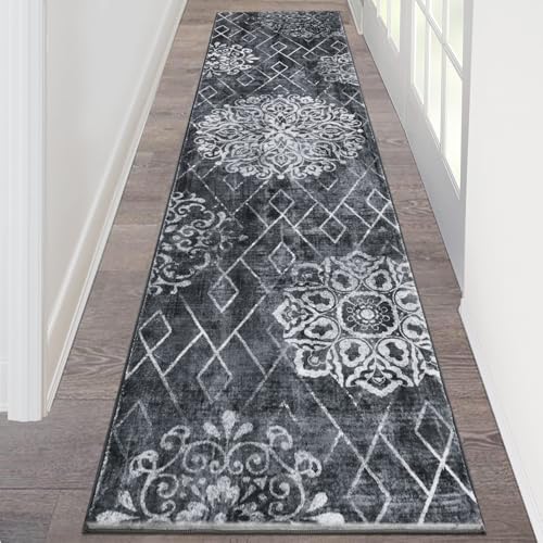 HEBE Hallway Runner Rug 2'x8', Washable Non Slip Kitchen Rug Runner | Soft Boho Bedroom Runner Rug, Vintage Distressed Low-Pile Floor Carpet Runners for Hallway, Entrance, Bathroom, Laundry - color: Black/Grey, size: 2' x 8' (Rectangular)
