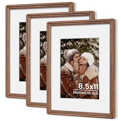 8.5x11 Natural Solid Oak Wood Picture Frame with 6x8 Mat, Premium Rustic Wooden Photo Frames with Plexiglass, Poster Photo Frame for Gallery Wall Hanging, Walnut, 3 Packs - color: Walnut, size: 8.5x11-3P