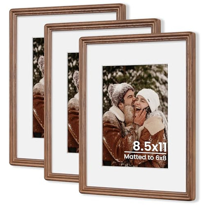 8.5x11 Natural Solid Oak Wood Picture Frame with 6x8 Mat, Premium Rustic Wooden Photo Frames with Plexiglass, Poster Photo Frame for Gallery Wall Hanging, Walnut, 3 Packs - color: Walnut, size: 8.5x11-3P