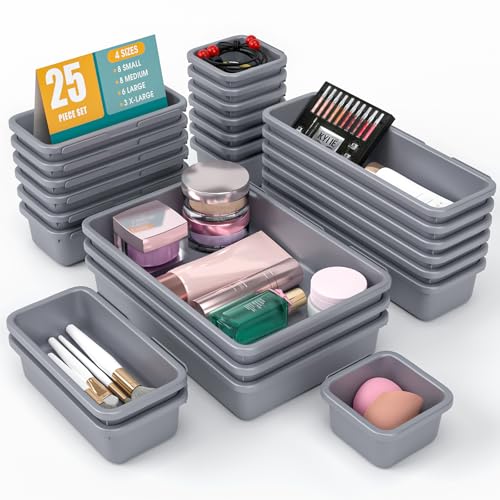 25 PCS Drawer Organizer Set, 4 Size Makeup Drawer Divider Organizer With Non-Slip Pads, Interlocking Plastic Storage Bins for Office,Jewelry Vanity,Gadgets, Bathroom,Kitchen, Grey - color: Grey, size: 25Pack