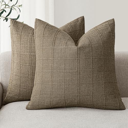Foindtower Set of 2 Decorative Linen Check Throw Pillow Covers Neutral Farmhouse Vintage Cushion Covers Modern Boho Home Decor for Sofa Chair Couch Bedroom Living Room,16×16 Inch,Light Brown - color: Brown, size: 16" x 16" (Pack of 2)