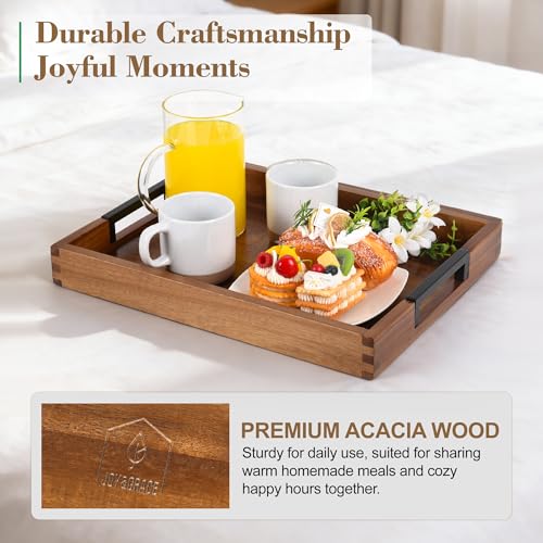Large Ottoman Tray for Living Room and Coffee Table, Decorative Acacia Wood Serving Tray with Metal Handles for Breakfast in Bed, Dinner Food Kitchen TV (Natural, 20" x 14" x 2") - size: 20" x 14" x 2"