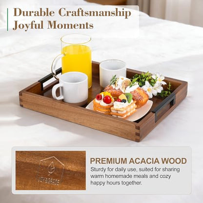 Large Ottoman Tray for Living Room and Coffee Table, Decorative Acacia Wood Serving Tray with Metal Handles for Breakfast in Bed, Dinner Food Kitchen TV (Natural, 20" x 14" x 2") - size: 20" x 14" x 2"