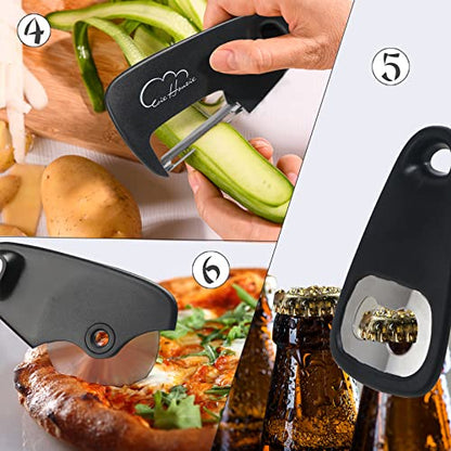 Kitchen Gadgets Set 6 Piece, Space Saving, Portable, Black | Stackable Gadgets Utensils, Grater, Bottle Opener, Pizza Cutter, Peeler, Paring Knife, Garlic Grinder, Storage Bag - color: Classical Black 6pcs