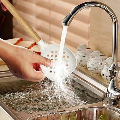 oannao Silicone Cooking Utensils Set - 446°F Heat Resistant Silicone Kitchen Utensils for Cooking,Kitchen Utensil Spatula Set w Wooden Handles for Non-Stick Cookware, BPA FREE (Cream White) - color: Cream White