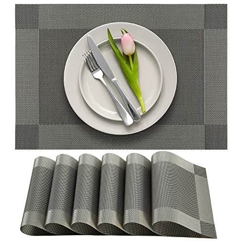More Décor Dining Table Placemats, Washable Heat-Resistant PVC Vinyl Table Mats for Dining Room and Kitchen, Anti-Slip - Set of 6 - Grey - color: Silver-grey