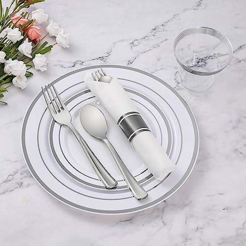 700 Piece Silver Plastic Dinnerware Set for 100 Guests | Disposable Dinnerware Includes: 100 Dinner Plates, 100 Dessert Plates, 100 Pre Rolled Napkins with Silverware, 100 Cups - color: Silver, style: 700 Piece (100 guests)