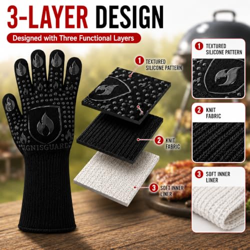 IGNISGUARD® BBQ Gloves, Heat Resistant Grill Gloves, 1 Pair, Black (L) | EN407:2020 tested with textured silicone grip, three-layer construction and long knit cuff for added wrist coverage. - color: Black, size: Large