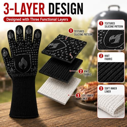IGNISGUARD® BBQ Gloves, Heat Resistant Grill Gloves, 1 Pair, Black (L) | EN407:2020 tested with textured silicone grip, three-layer construction and long knit cuff for added wrist coverage. - color: Black, size: Large