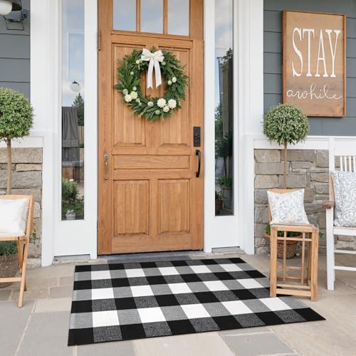 KIMODE Front Door Mat Outdoor Rug Black and White Fall Porch Rug Doormat | Buffalo Plaid Checkered,27.5"x43",Washable,Farmhouse Front Outdoor Fall Decor,Cotton Woven Welcome Layered Door Mats - color: Black/White, size: 2'4" x 3'7" (Rectangular)