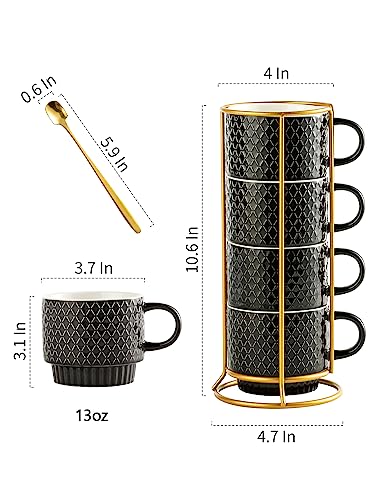 Gomakren Coffee Mugs Set of 4, 13oz Stackable Coffee Cups with Stand, Black | Gloss Embossed Stoneware, Gold Rack & Spoons | for Coffee, Milk, Tea, Cocoa, Daily & Gifting Use | Microwave/Dishwasher Safe - color: Black