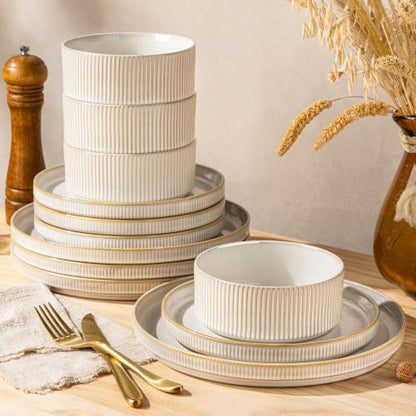 GBHOME Stoneware Dinnerware Sets for 4, 12 Pieces Plates and Bowls Set | Lightweight Ceramic Ribbed Dishes,Reactive Glaze Stackable Plate Set,Scratch Resistant,Microwave Dishwasher Safe,VanillaLatte - color: Vanilla Latte