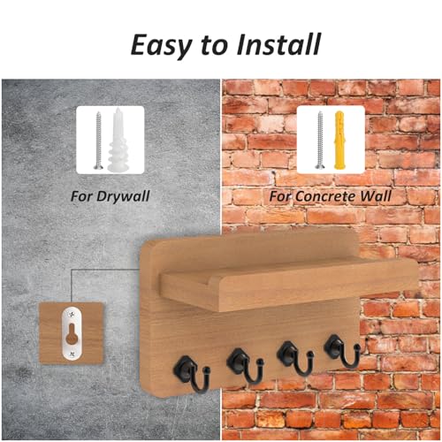 Nekon Key Holder Wall Mount, 8.5 Inch Small Wooden Wall Organizer, Wood | Rustic Wall Shelf, Farmhouse Key and Mail Holder for Living Room Entryway Kitchen - color: Wood