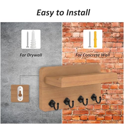 Nekon Key Holder Wall Mount, 8.5 Inch Small Wooden Wall Organizer, Wood | Rustic Wall Shelf, Farmhouse Key and Mail Holder for Living Room Entryway Kitchen - color: Wood