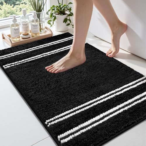 Arenarug Bathroom Rugs 17x24 Extra Soft Absorbent Bath Mat Chenille Non Slip Shower Mat Rubber Backing Machine Washable Bath Mats for Bathroom Shaggy Black Bath Rugs for Tub, Hallway - color: Black, size: 17''x24''
