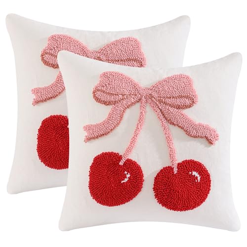 Embroidered Throw Pillow Covers 18x18 Pack of 2 Red Cherry Pink Bow | Durable Fabric,Decorative Pillow Covers,Boho Decor,Hidden Zipper,Aesthetic Design,Ideal Gift,Machine Washable - color: Red Cherry